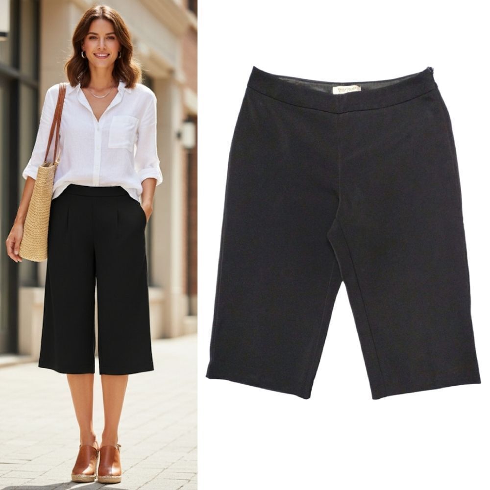 WHBM Black Midrise Wide Leg Side Zip Cropped Capri Stretch‎ Pants SZ 4 Coastal